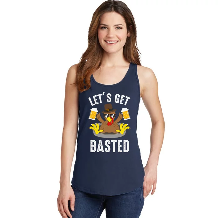 Funny Cute Thanksgiving Let's Get Basted Turkey Beer Ladies Essential Tank