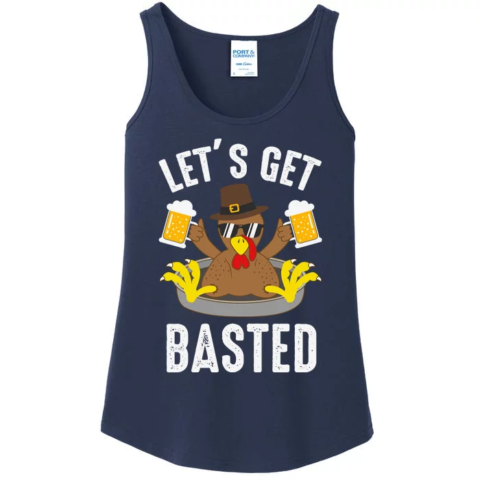 Funny Cute Thanksgiving Let's Get Basted Turkey Beer Ladies Essential Tank