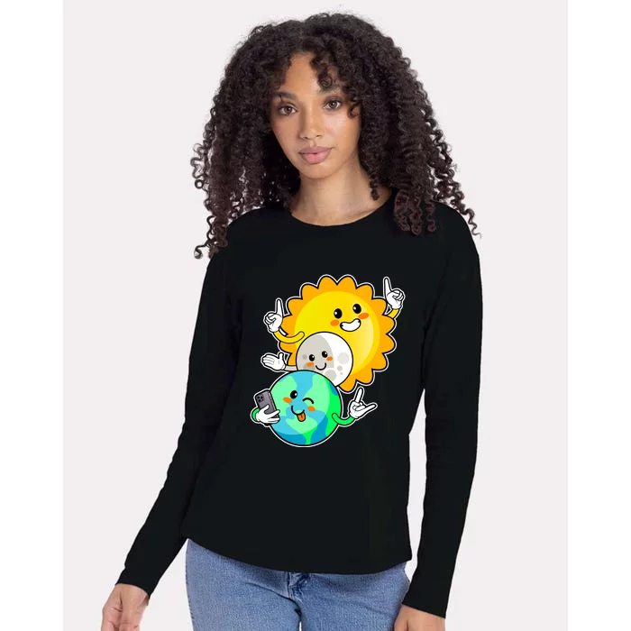 Funny Cute Total Solar Eclipse Earth Moon Sun Selfie Womens Cotton Relaxed Long Sleeve T-Shirt