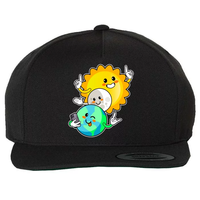 Funny Cute Total Solar Eclipse Earth Moon Sun Selfie Wool Snapback Cap