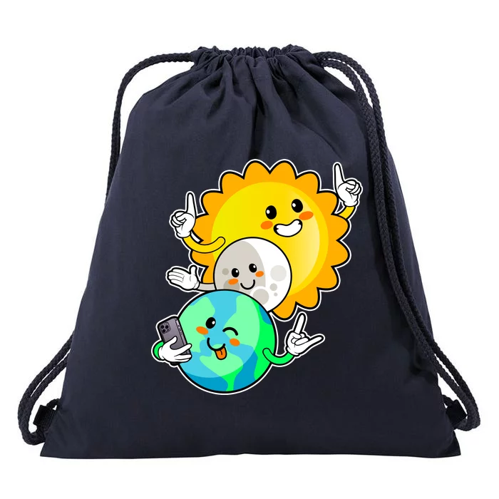 Funny Cute Total Solar Eclipse Earth Moon Sun Selfie Drawstring Bag