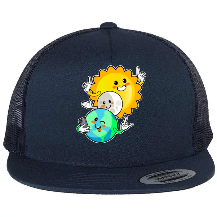 Funny Cute Total Solar Eclipse Earth Moon Sun Selfie Flat Bill Trucker Hat