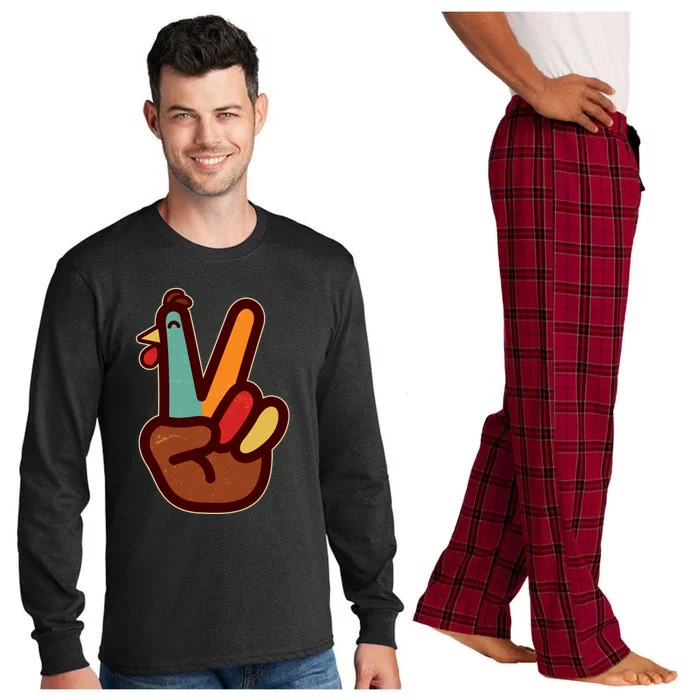 Funny Cute Thanksgiving Hand Turkey Peace Sign Long Sleeve Pajama Set