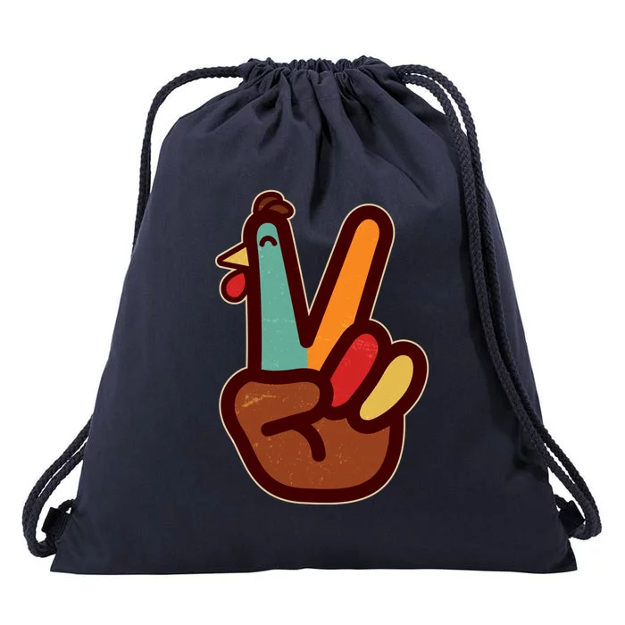 Funny Cute Thanksgiving Hand Turkey Peace Sign Drawstring Bag