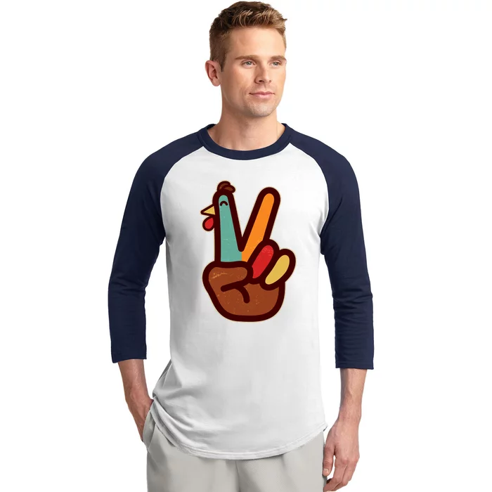 Funny Cute Thanksgiving Hand Turkey Peace Sign Baseball Sleeve Shirt