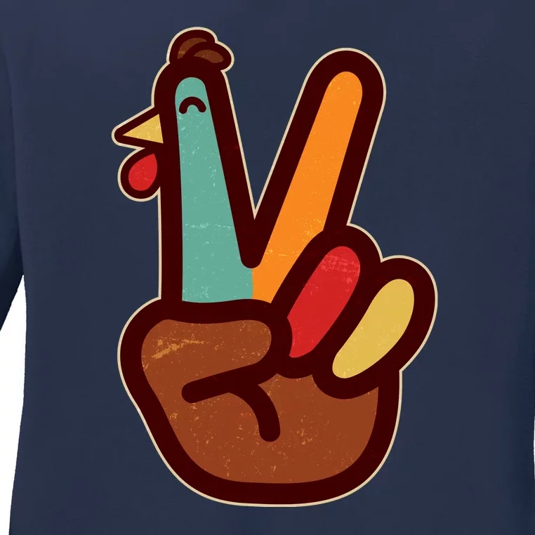 Funny Cute Thanksgiving Hand Turkey Peace Sign Ladies Long Sleeve Shirt