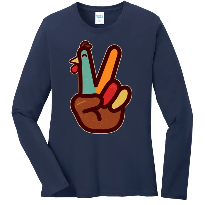 Funny Cute Thanksgiving Hand Turkey Peace Sign Ladies Long Sleeve Shirt