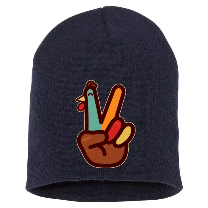 Funny Cute Thanksgiving Hand Turkey Peace Sign Short Acrylic Beanie