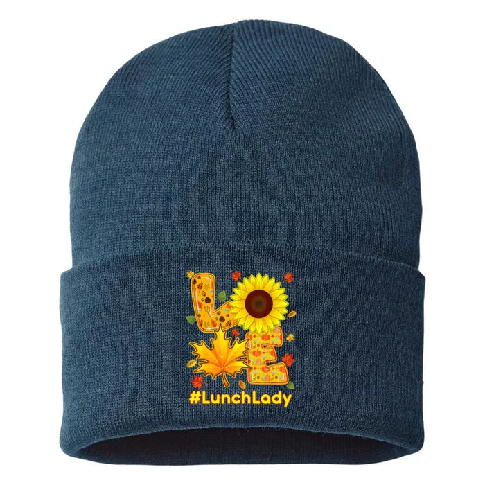 Funny Cute Thanksgiving Love Lunch Lady Autumn Fall Sunflower Sustainable Knit Beanie