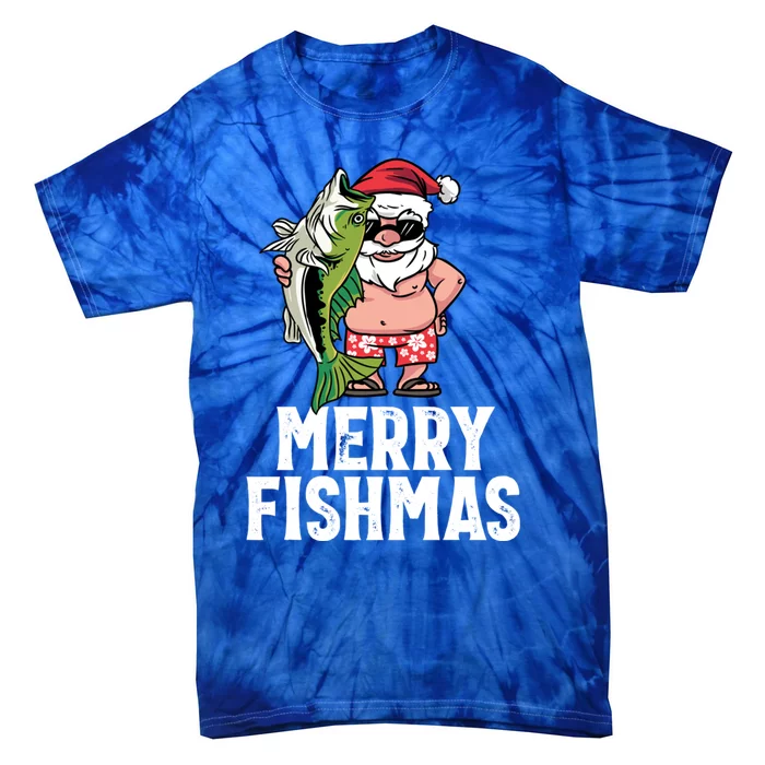 Funny Christmas Themed Bass Fishing Gift Merry Fishmas Gift Tie-Dye T-Shirt