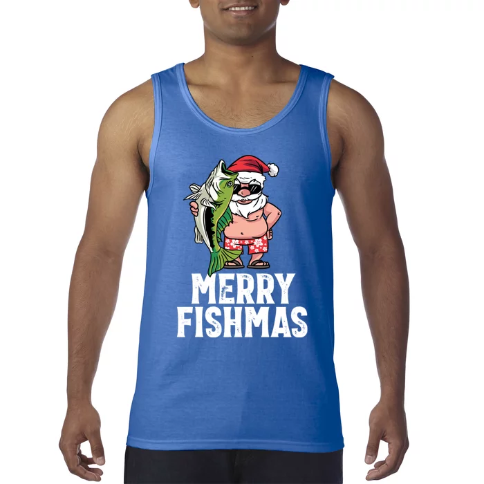 Funny Christmas Themed Bass Fishing Gift Merry Fishmas Gift Tank Top