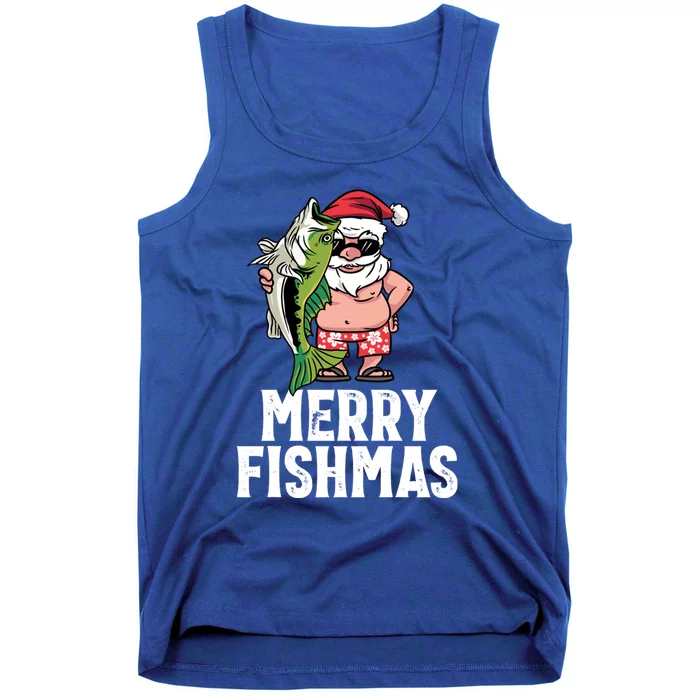 Funny Christmas Themed Bass Fishing Gift Merry Fishmas Gift Tank Top