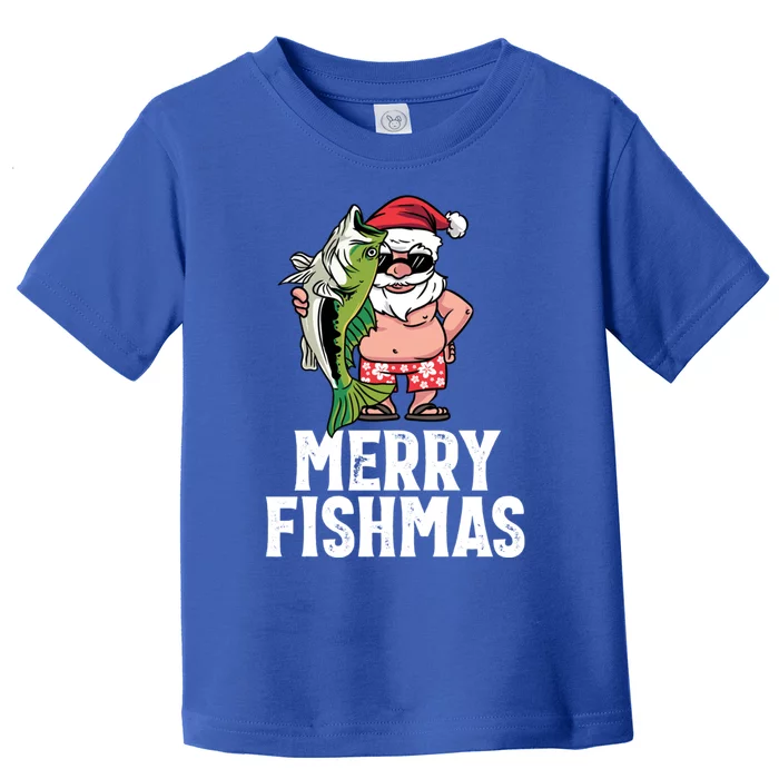 Funny Christmas Themed Bass Fishing Gift Merry Fishmas Gift Toddler T-Shirt