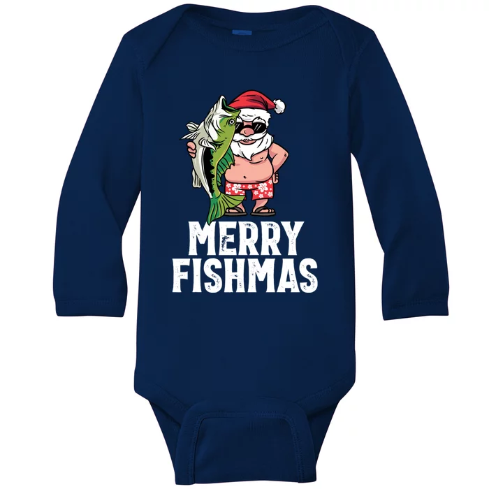 Funny Christmas Themed Bass Fishing Gift Merry Fishmas Gift Baby Long Sleeve Bodysuit