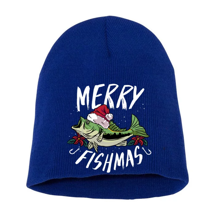 Funny Christmas Themed Bass Fishing Design Merry Fishmas Gift Short Acrylic Beanie