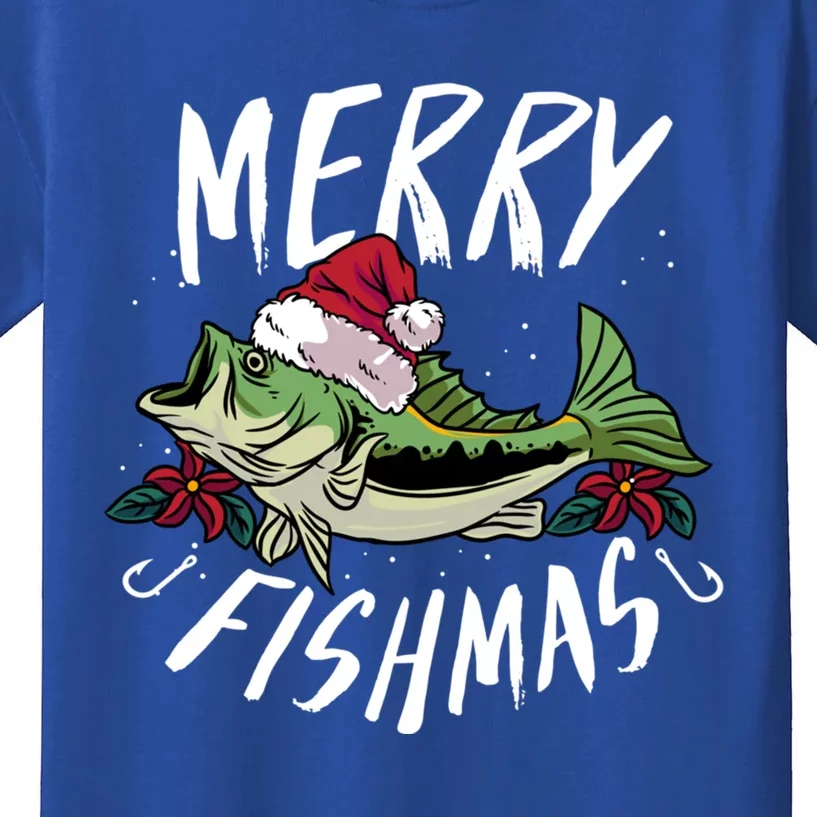 Funny Christmas Themed Bass Fishing Design Merry Fishmas Gift Kids T-Shirt