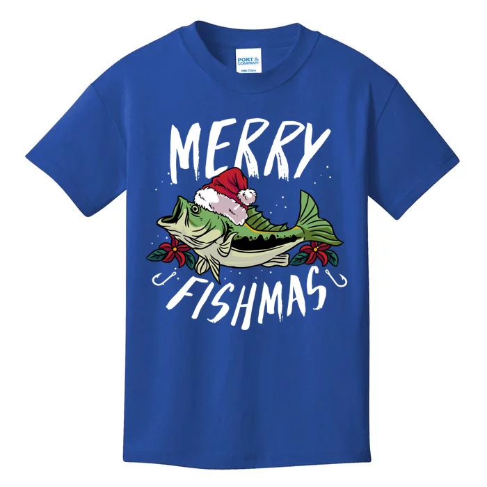 Funny Christmas Themed Bass Fishing Design Merry Fishmas Gift Kids T-Shirt