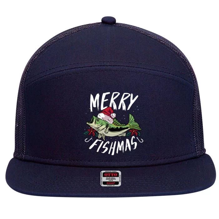 Funny Christmas Themed Bass Fishing Design Merry Fishmas Gift 7 Panel Mesh Trucker Snapback Hat