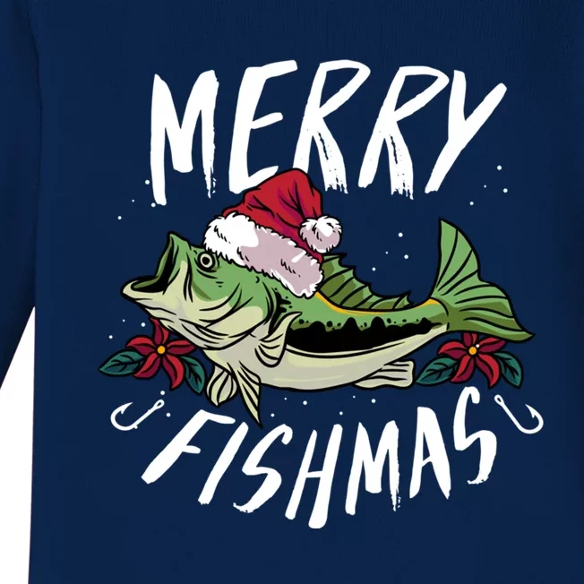 Funny Christmas Themed Bass Fishing Design Merry Fishmas Gift Baby Long Sleeve Bodysuit