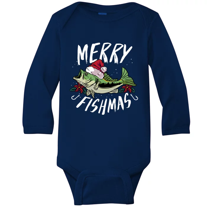 Funny Christmas Themed Bass Fishing Design Merry Fishmas Gift Baby Long Sleeve Bodysuit