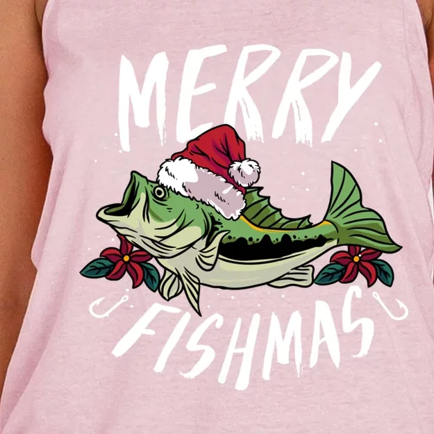 Funny Christmas Themed Bass Fishing Design Merry Fishmas Gift Women's Knotted Racerback Tank