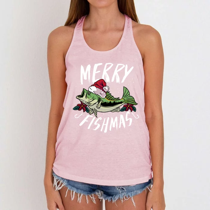 Funny Christmas Themed Bass Fishing Design Merry Fishmas Gift Women's Knotted Racerback Tank