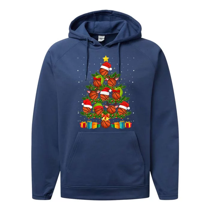 Funny Christmas Tree Basketball Xmas Light Sport Lover Gift Performance Fleece Hoodie