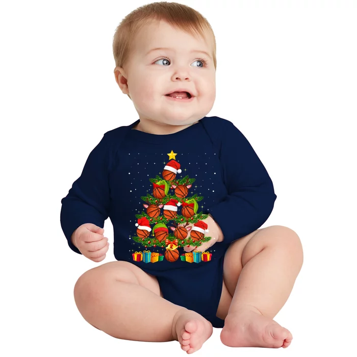 Funny Christmas Tree Basketball Xmas Light Sport Lover Gift Baby Long Sleeve Bodysuit