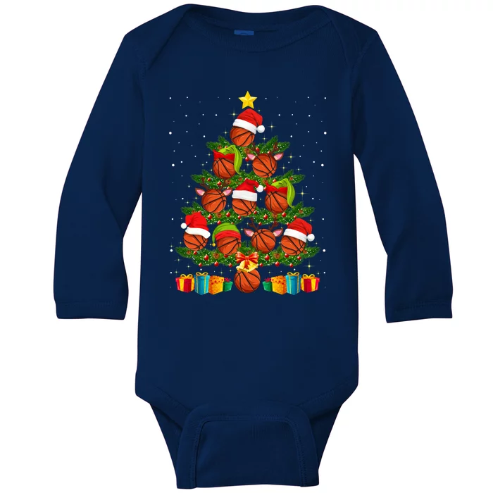 Funny Christmas Tree Basketball Xmas Light Sport Lover Gift Baby Long Sleeve Bodysuit