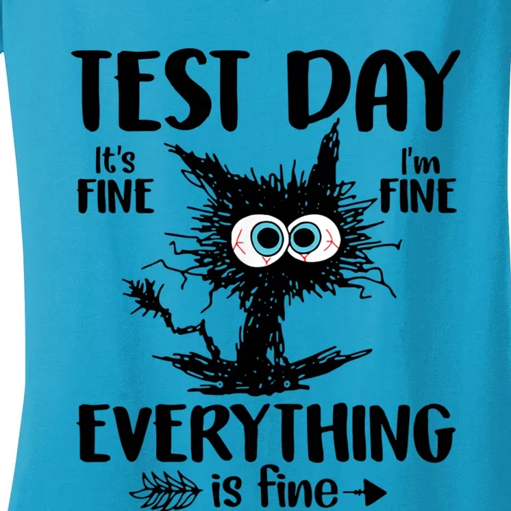 Funny Cat Test Day It’s Fine Im Fine Everything Is Fine Black Cat Testing Day Women's V-Neck T-Shirt