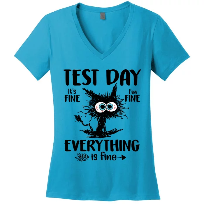 Funny Cat Test Day It’s Fine Im Fine Everything Is Fine Black Cat Testing Day Women's V-Neck T-Shirt