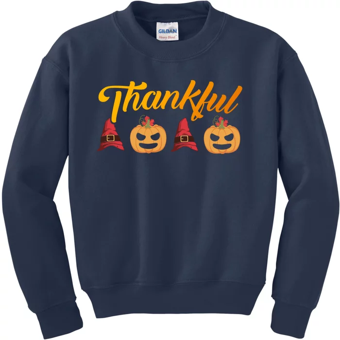 Funny Cute Thankful Pumpkin Witch Hat, Thankful Grateful Blessed Autumn Fall 202 Kids Sweatshirt