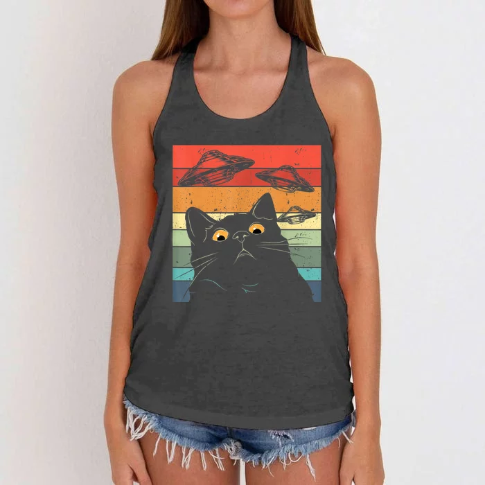 Funny Cat Tee, Galaxy Cat Spaceship Alien Cat UFO Women's Knotted Racerback Tank