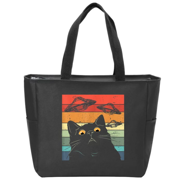 Funny Cat Tee, Galaxy Cat Spaceship Alien Cat UFO Zip Tote Bag