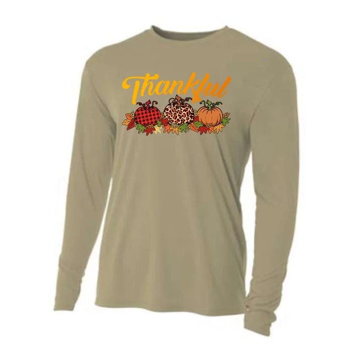 Funny Cute Thankful Pumpkins Red Leopard Plaid, Thankful Grateful Blessed Autumn Cooling Performance Long Sleeve Crew