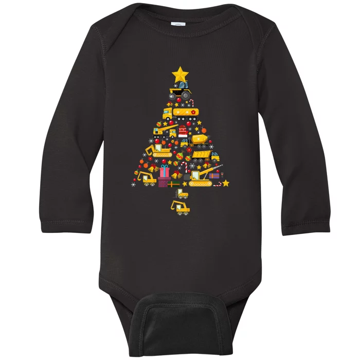 Funny Construction Trucks Christmas Tree Xmas Baby Long Sleeve Bodysuit