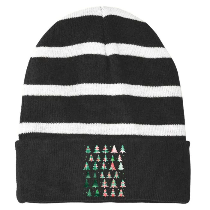 Festive Christmas Trees Patterns Mash Up Striped Beanie with Solid Band