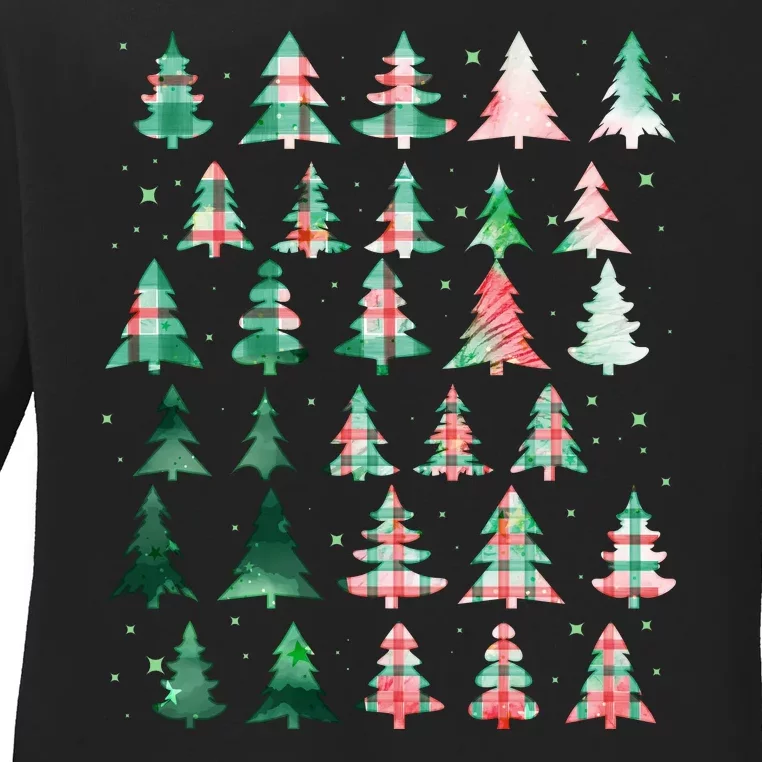 Festive Christmas Trees Patterns Mash Up Ladies Long Sleeve Shirt