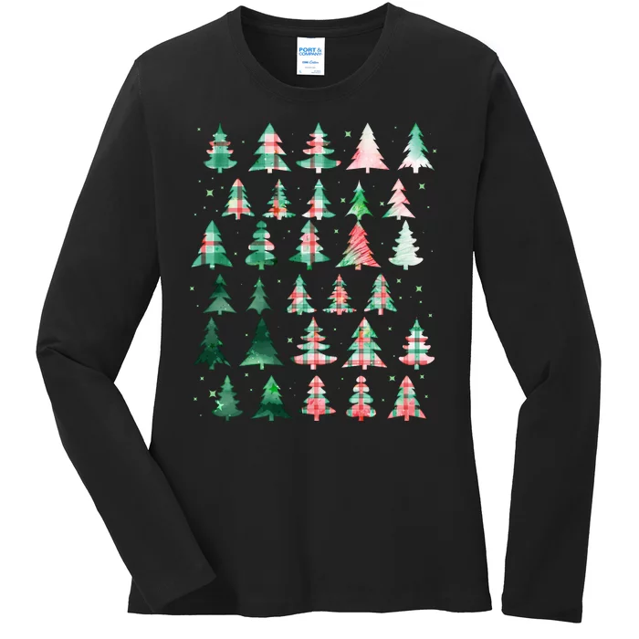 Festive Christmas Trees Patterns Mash Up Ladies Long Sleeve Shirt