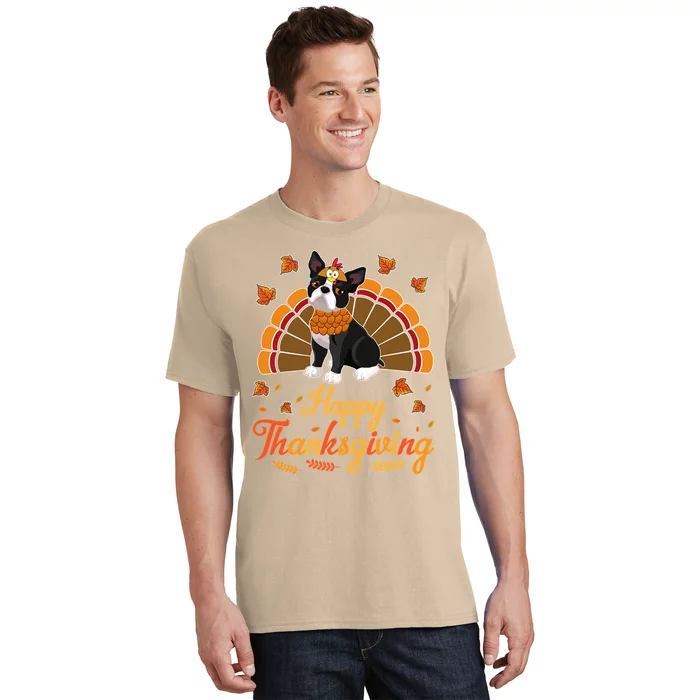 Funny Cute Turkey Boston Terrier Dog Happy Halloween Thanksgiving T-Shirt