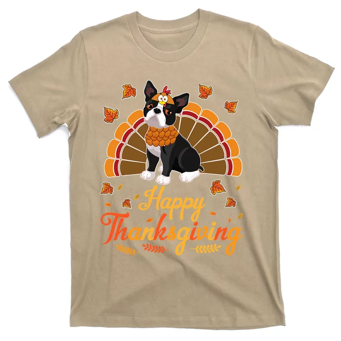 Funny Cute Turkey Boston Terrier Dog Happy Halloween Thanksgiving T-Shirt