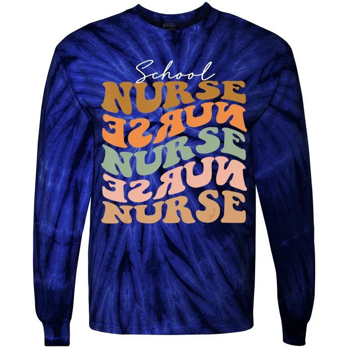 Funny Cute Thankful School Nurse Vintage Fall Vibes Autumn Leaves Tie-Dye Long Sleeve Shirt