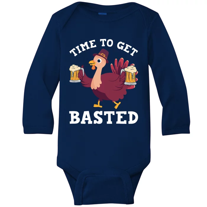 Funny Cute Thanksgiving Time To Get Basted Turkey Gift Baby Long Sleeve Bodysuit