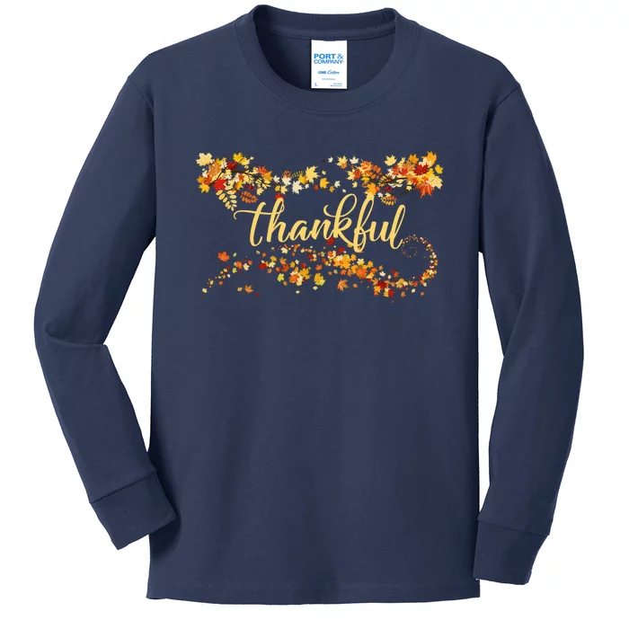 Funny Cute Thankful Thanksgiving Fall Autumn Leaves Kids Long Sleeve Shirt