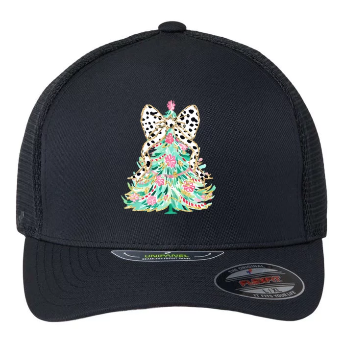 Floral Christmas Tree Leopard Coquette Bow Christmas Tree Sweat Flexfit Unipanel Trucker Cap