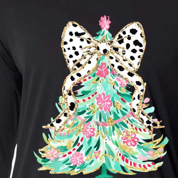 Floral Christmas Tree Leopard Coquette Bow Christmas Tree Sweat Cooling Performance Long Sleeve Crew