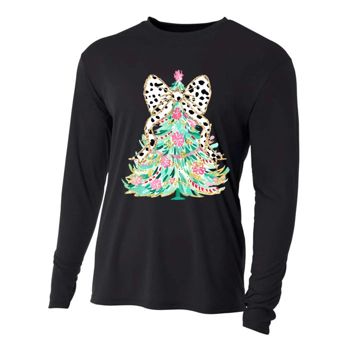 Floral Christmas Tree Leopard Coquette Bow Christmas Tree Sweat Cooling Performance Long Sleeve Crew