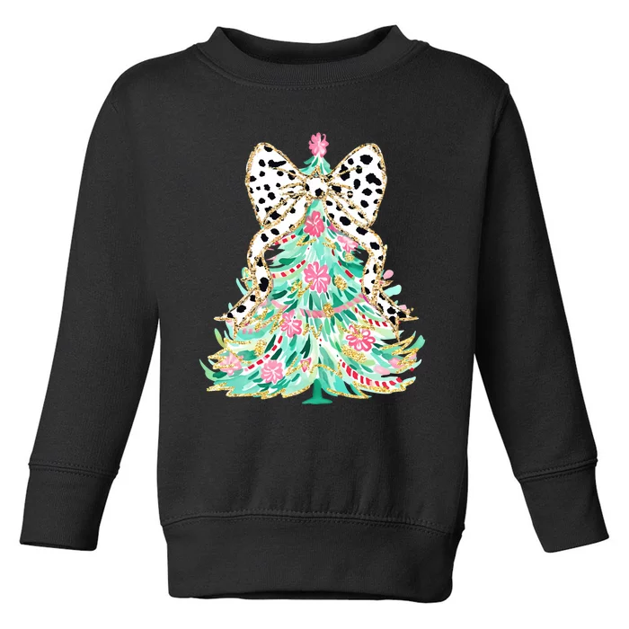 Floral Christmas Tree Leopard Coquette Bow Christmas Tree Sweat Toddler Sweatshirt