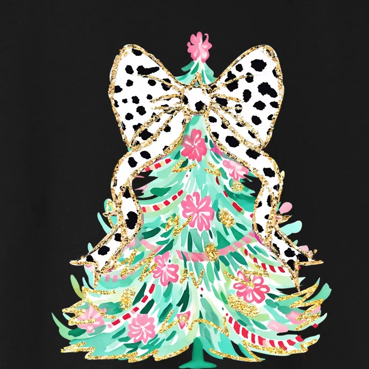 Floral Christmas Tree Leopard Coquette Bow Christmas Tree Sweat Women's Crop Top Tee