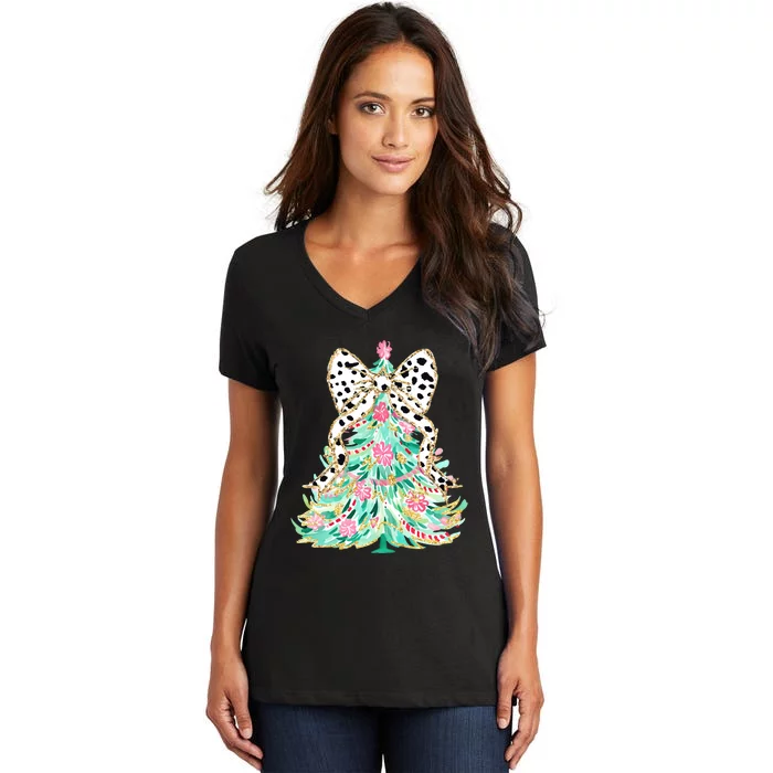 Floral Christmas Tree Leopard Coquette Bow Christmas Tree Sweat Women's V-Neck T-Shirt